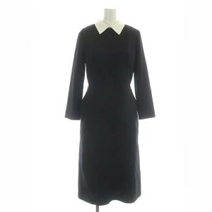 襟付きタイトワンピース ロング 長袖 ステンカラー タック ウール混 36 ブラック ホワイト