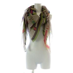 Faliero Sarti ストール 大判 チェック アルファベットプリント ウール シルク混 フリンジ ベージュ