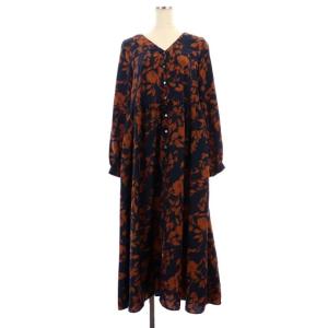デシンフラワープリントワンピース ロング 長袖 花柄 紺 茶 ネイビー ブラウン