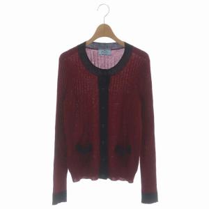 ウール シルク混 ニット カーディガン 長袖 クルーネック 丸首 40 ボルドー 黒 ブラック