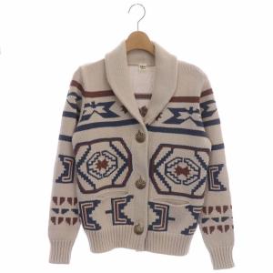 カーディガン ニット ネイティブ柄 コンチョボタン 長袖 S ベージュ マルチカラー