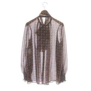 ANAYI 20AW ブラウス シャツ 長袖 ジオメトリックPT 総柄 ギャザー 比翼仕立て バンドカラー リボン付き 38 紺 ベージュ