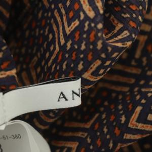 ANAYI 20AW ブラウス シャツ 長袖 ジオメトリックPT 総柄 ギャザー 比翼仕立て バンドカラー リボン付き 38 紺 ベージュ