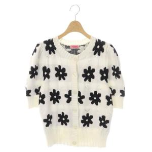 フラワ柄 ショートスリーブカーディガン ニット 五分袖 前開き XS ホワイト ブラック