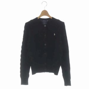 ケーブルニットカーディガン クルーネック 長袖 ロゴ刺繍 前開き XS ブラック