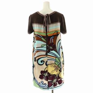 MISSONI ワンピース ニット 切替 ミニ 半袖 シルク 花柄 ネックリボン 40 ブラウン マルチカラー