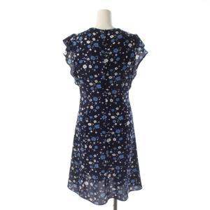 MICHAEL Michael Kors 花柄フリルノースリーブワンピース 膝丈 フレア フレンチスリーブ クルーネック XS 紺 ネイビー ライトブルー 白 ホワイト