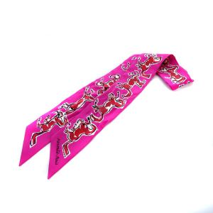 HERMES CHEVAUX EN LIBERTE 自由の馬 ツイリースカーフ シルク 絹 ピンク OH