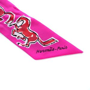 HERMES CHEVAUX EN LIBERTE 自由の馬 ツイリースカーフ シルク 絹 ピンク OH