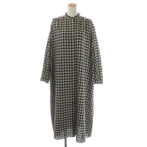 22AW チェックバンドカラーワンピース ロング フレア 長袖 36 黒 ブラック ベージュ
