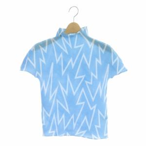 半袖 柄 カットソー ハイネック プルオーバー 水色 白 ライトブルー ホワイト