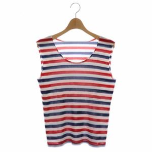 イッセイミヤケ プリーツ ボーダー カットソー Uネック ノースリーブ 3 白 紺 赤 ホワイト ネイビー レッド