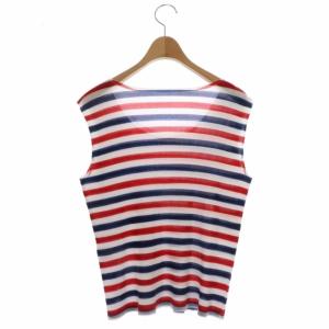 PLEATS PLEASE ISSEY MIYAKE イッセイミヤケ プリーツ ボーダー カットソー Uネック ノースリーブ 3 白 紺 赤 ホワイト ネイビー レッド