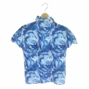 半袖 カットソー 花柄 プルオーバー プリーツ ハイネック ブルー ホワイト