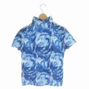 me ISSEY MIYAKE 半袖 カットソー 花柄 プルオーバー プリーツ ハイネック ブルー ホワイト