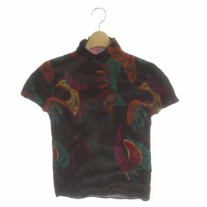 半袖 カットソー プルオーバー プリーツ ハイネック 柄 ブラウン マルチカラー