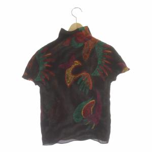 me ISSEY MIYAKE 半袖 カットソー プルオーバー プリーツ ハイネック 柄 ブラウン マルチカラー