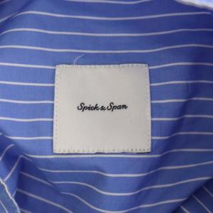 Spick&Span 20SS パールボタンギャザースリーブシャツ 七分袖 ストライプ バンドカラー F ブルー ホワイト