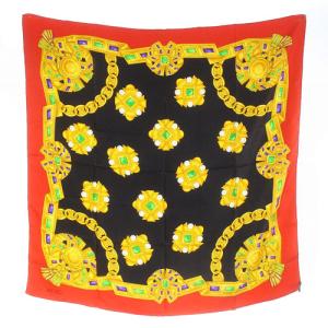 スカーフ ビジュー柄 シルク 絹 赤 レッド 黒 ブラック