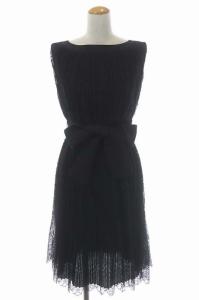 TO BE CHIC 総レースワンピース 膝丈 ノースリーブ プリーツ リバーシブル リボンベルト付き 40 黒 ブラック