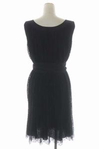 TO BE CHIC 総レースワンピース 膝丈 ノースリーブ プリーツ リバーシブル リボンベルト付き 40 黒 ブラック