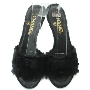 CHANEL ミュール ツイード サンダル リボン ココマーク 35 22cm 黒 ブラック