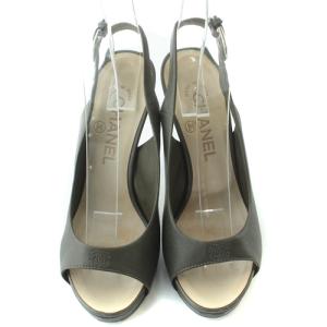 CHANEL パンプス ストラップ オープントゥ ココマーク レザー ハイヒール 35.5C 22.5cm カーキ 緑