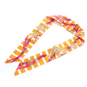HERMES ツイリー スカーフ BRIDES de GALA 式典用馬勒 ボーダー シルク オレンジ
