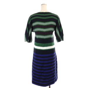 PRADA ワンピース ひざ丈 ボーダー Vネック 七分袖 38 黒 青 緑 ブラック ブルー グリーン