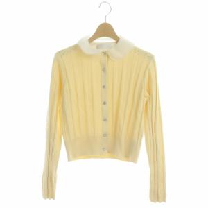 21AW ニット カーディガン 長袖 襟付き ビジューボタン 36 ライトイエロー 白 ホワイト