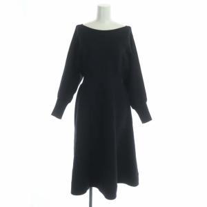 21SS ホールガーメントワンピース 長袖 フレア 膝丈 ウエストリブ ボートネック 38 紺 ネイビー