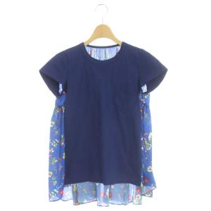 フラワー切替アシンメトリーカットソー 半袖 花柄 フレア 1 紺 青 マルチカラー ネイビー ブルー