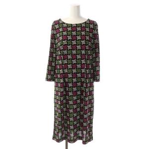 千鳥柄 ワンピース Iライン 七分袖 ミモレ丈 11 黒 ブラック マルチカラー