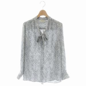 総柄プリントボウタイブラウス 長袖 プルオーバー 白 ホワイト 黒 ブラック