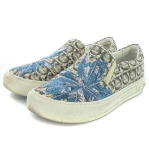 Salvatore Ferragamo スリッポン ガンチーニ ヤシの木刺繍 6.5C 23.5cm べージュ グレー 青 ブルー