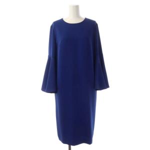 ベルスリーブワンピース 膝丈 タイト 長袖 クルーネック バックリボン 38 青 ブルー