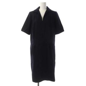 ウールシルク Vネックタックワンピース 五分袖 ミモレ丈 タイト 1 紺 ネイビー