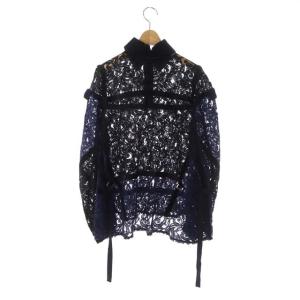 sacai ステンカラーレースブラウス シアー 切替 ベロア 長袖 プルオーバー 2 ブラック ブルー