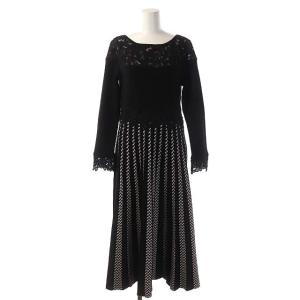 21AW キカJQプリーツニットワンピース レース フレア ロング 長袖 36 ブラック ホワイト