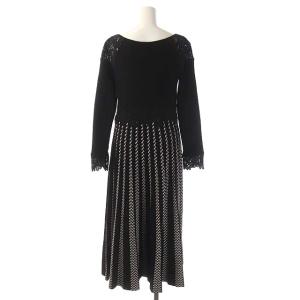 GRACE CONTINENTAL 21AW キカJQプリーツニットワンピース レース フレア ロング 長袖 36 ブラック ホワイト