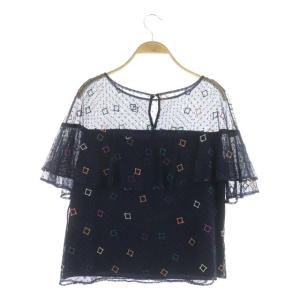 Diagram GRACE CONTINENTAL スクエアフリルトップ ブラウス カットソー プルオーバー ドットチュール 刺繍 半袖 36 紺 ネイビー