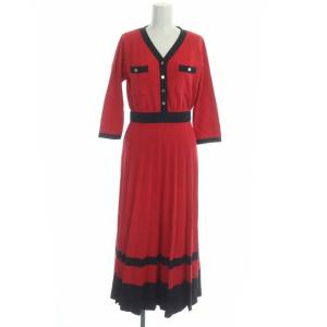 21AW バイカラーVネックワンピース ニット ロング 七分袖 フレア プリーツ 36 赤 紺 レッド ネイビー