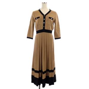 21AW バイカラーVネック ワンピース ニット ロング 七分袖 フレア プリーツ 36 ベージュ 黒 ブラック