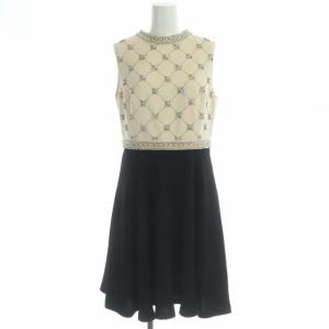 ノースリーブワンピース フレア 膝丈 ビジュー装飾 クルーネック 38 ベージュ 黒 ブラック