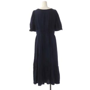 BLUE LABEL CRESTBRIDGE リネン混 Vネックシャツワンピース フレア ティアード ロング パフスリーブ 半袖 リボン 38 紺 ネイビー