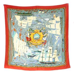 HENRY F SMITH SAILOR 帆船 カレ90 シルク スカーフ 赤 レッド