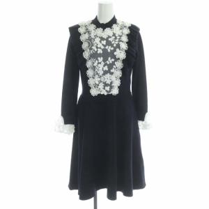 レースカラーニットワンピース フレア 膝丈 フリル 長袖 0 紺 白 ネイビー ホワイト