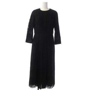 プリーツ切替レースドレス ワンピース 長袖 ロング フレア 36 ブラック