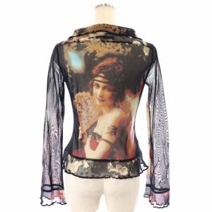 Jean Paul GAULTIER パワーネットシャツ 長袖 プリント フリル 40 ブラック マルチカラー