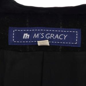 M'S GRACY ステンカラーコート  パフスリーブ ウール ストライプ リボン ロング 40 黒 ブラック グレー